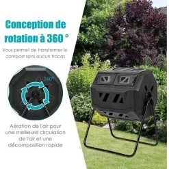 COSTWAY Composteur De Jardin Portable 160 L En PP Avec Double Chambre Rotatif 2 Portes Coulissantes 2 Gants Système D'Aération Noir -Compostage Soldes 39368024 3