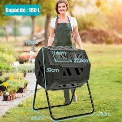 COSTWAY Composteur De Jardin Portable 160 L En PP Avec Double Chambre Rotatif 2 Portes Coulissantes 2 Gants Système D'Aération Noir -Compostage Soldes 39368024 5