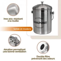 Composteur, Bac, Poubelle à Compost De Cuisine - 5 L - Inox - Linxor - Gris -Compostage Soldes 58337484 3