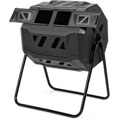 RELAX4LIFE Seau à Compost Rotatif à 360° De 160 L Avec Gants De Jardin, Composteur De Jardin De Grande Capacité Avec Double Chambre, Convient Pour Le Traitement Des Feuilles, Pelures, Noir