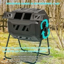 RELAX4LIFE Seau à Compost Rotatif à 360° De 160 L Avec Gants De Jardin, Composteur De Jardin De Grande Capacité Avec Double Chambre, Convient Pour Le Traitement Des Feuilles, Pelures, Noir -Compostage Soldes 60464531 3