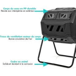 RELAX4LIFE Seau à Compost Rotatif à 360° De 160 L Avec Gants De Jardin, Composteur De Jardin De Grande Capacité Avec Double Chambre, Convient Pour Le Traitement Des Feuilles, Pelures, Noir -Compostage Soldes 60464531 4